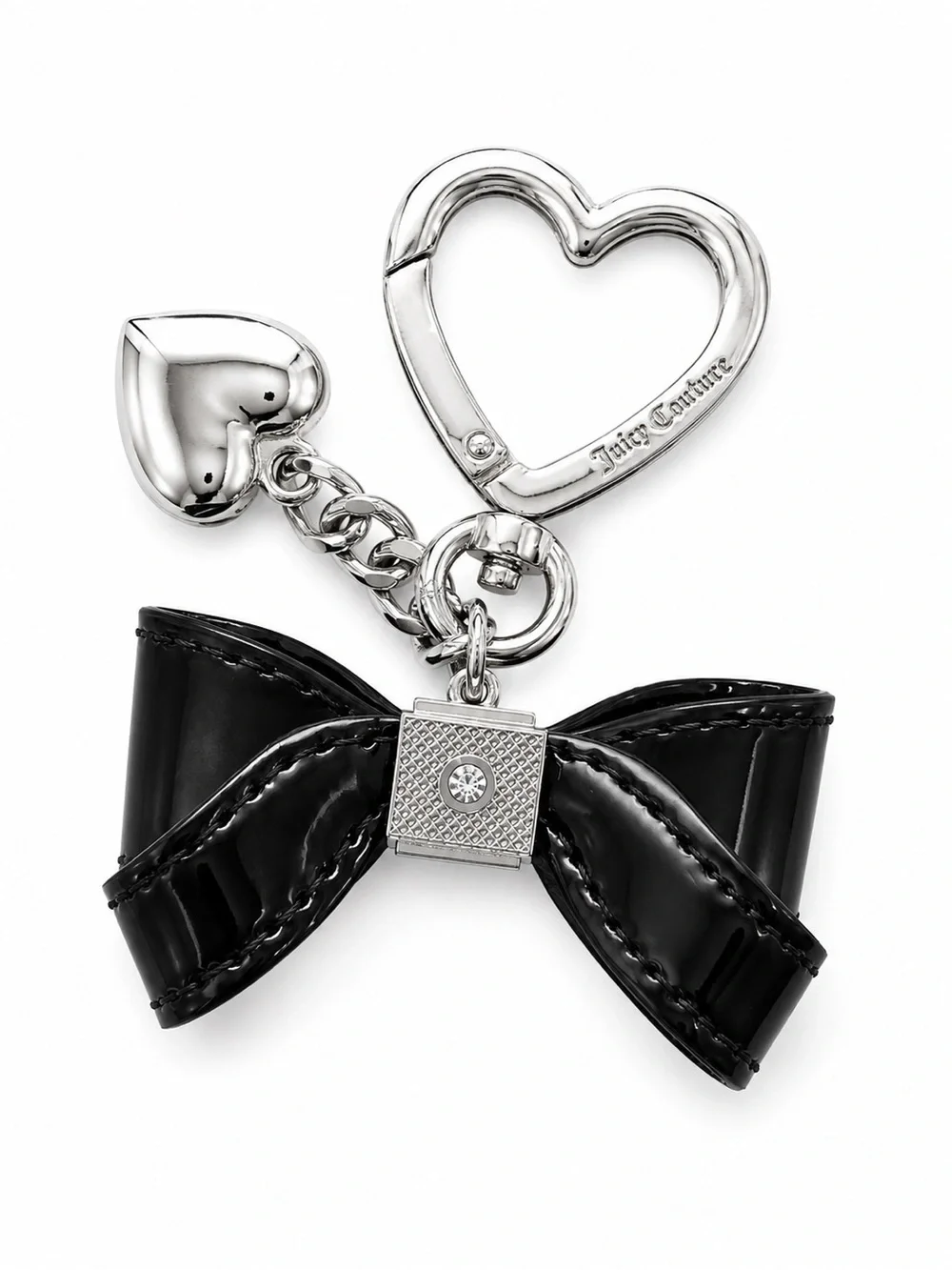 Juicy Couture Black Patent Bow Heart Bag Charm Keychain Rhinestone